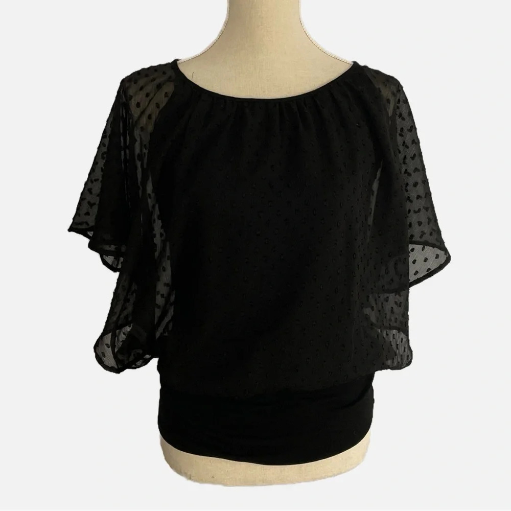 Soyaconcept‎ Blouse Top Swiss Dot Sheer Lined Medium Black Batwing Peasant